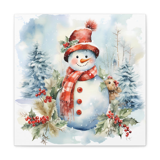 Blue Christmas Snowman Canvas - Holiday Snowman Canvas Art