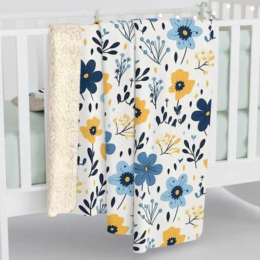 Yellow and Blue Floral Sherpa Fleece Blanket - Floral Watercolor Blanket