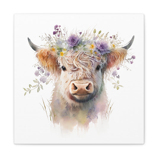 Clover Highland Cow Canvas - Floral Cow Wall Art Canvas