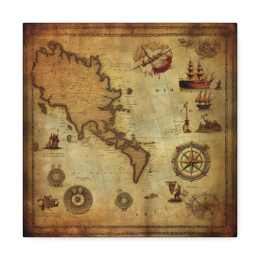 Nautical Compass Map Canvas Art - Maritime Vintage Map Canvas