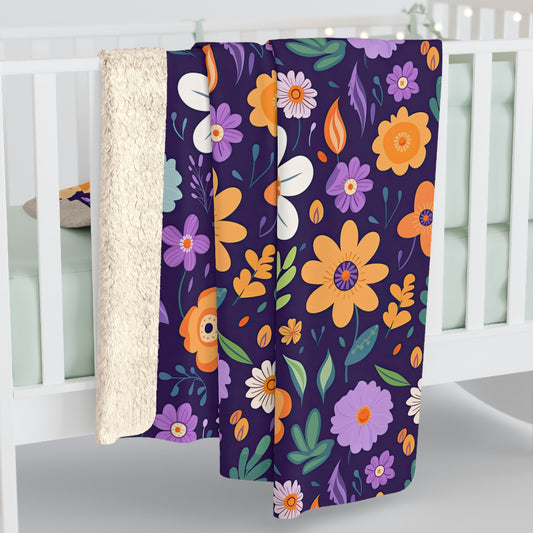 Orange Floral Sherpa Blanket - Purple and Orange Floral Blanket