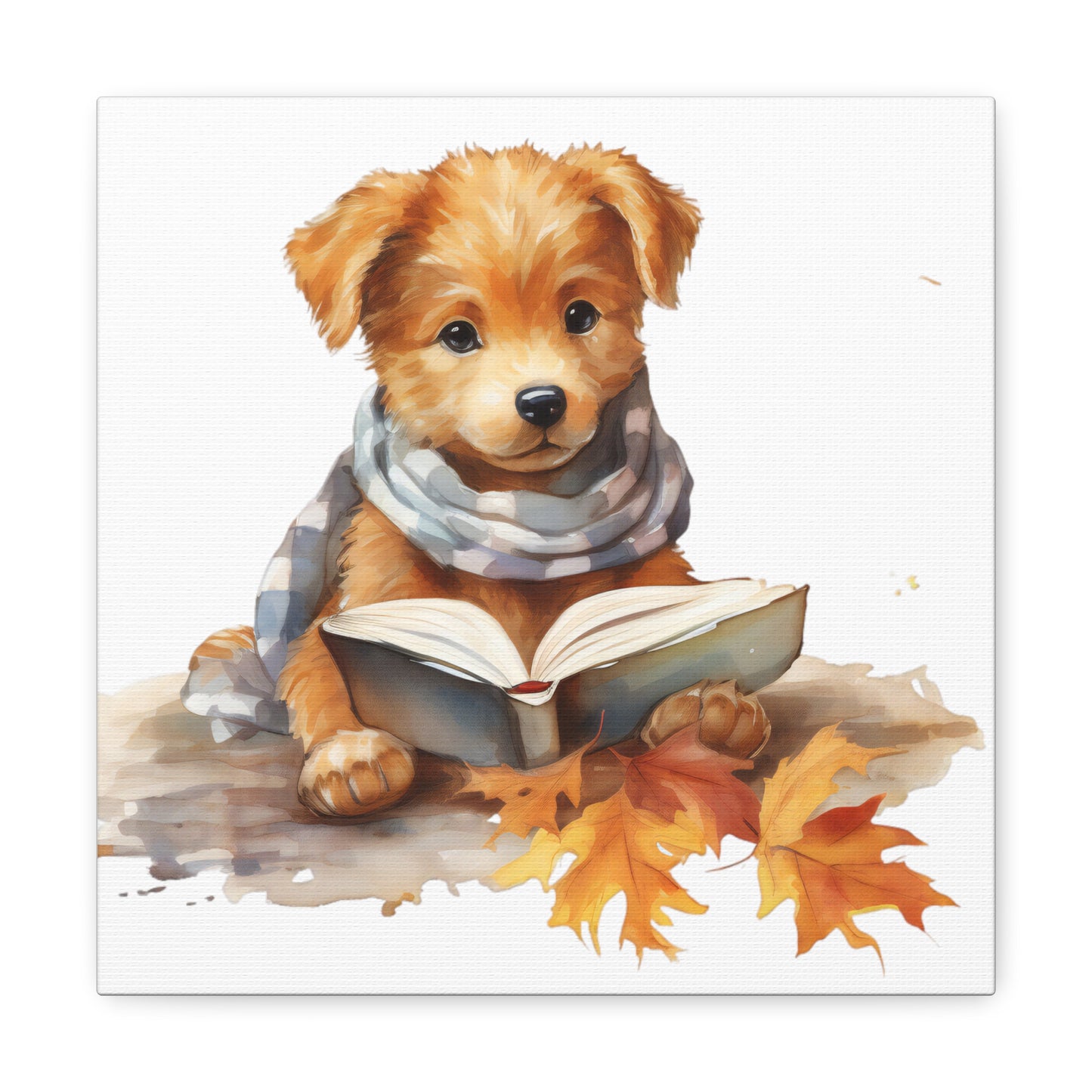 Dog Reading Book Watercolor Canvas - Baby Dog Watercolor Art