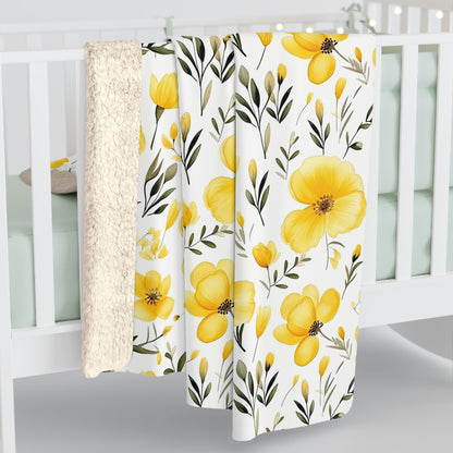 Yellow Floral Watercolor Sherpa Fleece Blanket - Watercolor Floral Blanket