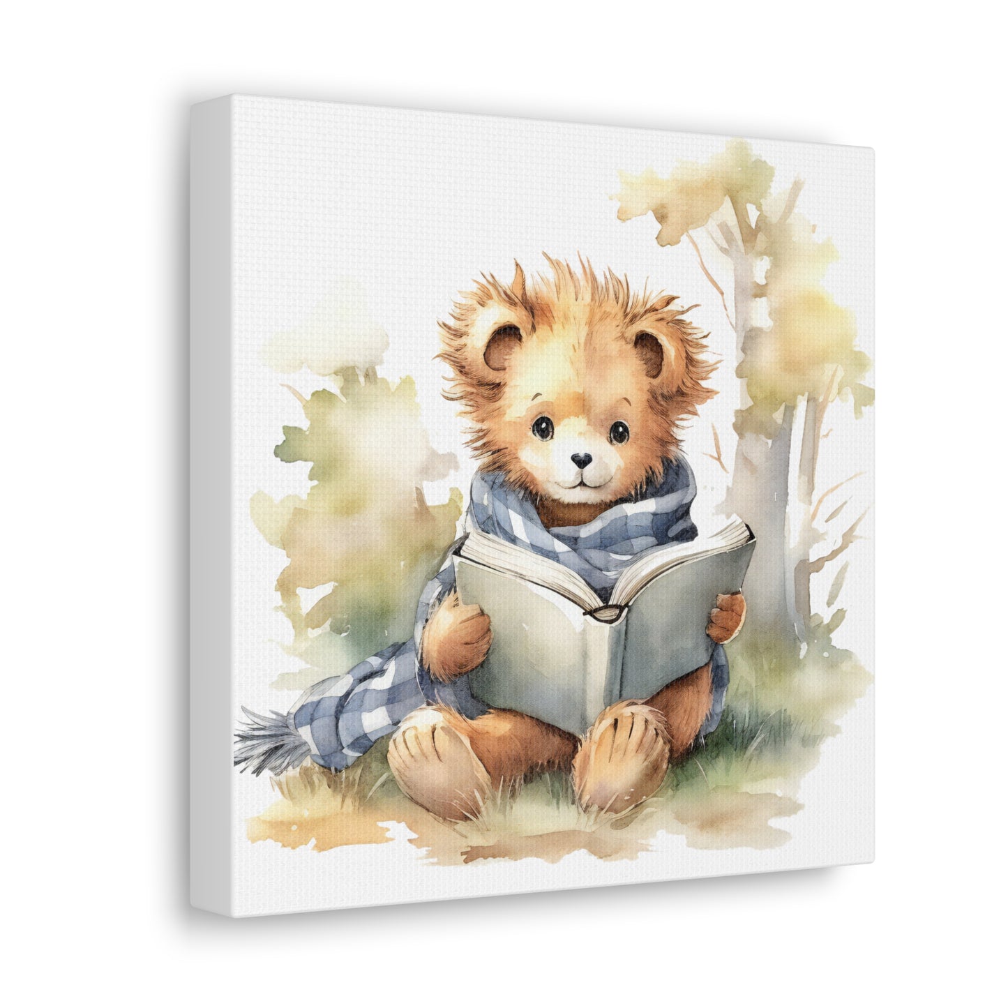 Lion Reading Book Watercolor Canvas - Baby Lion Wall Decor