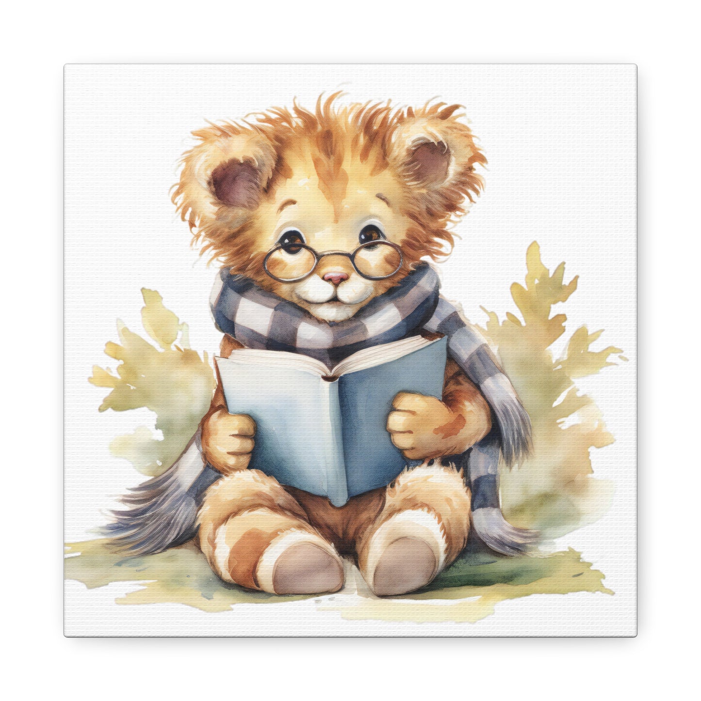 Lion Reading Book Watercolor Canvas - Baby Lion Watercolor Art