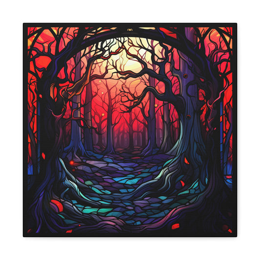 Halloween Stained Glass Canvas - Red Moon Halloween Forest Canvas