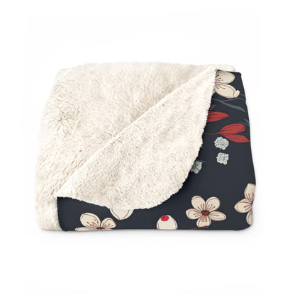 White Japanese Floral Sherpa Fleece Blanket - Blue Floral Sherpa Blanket