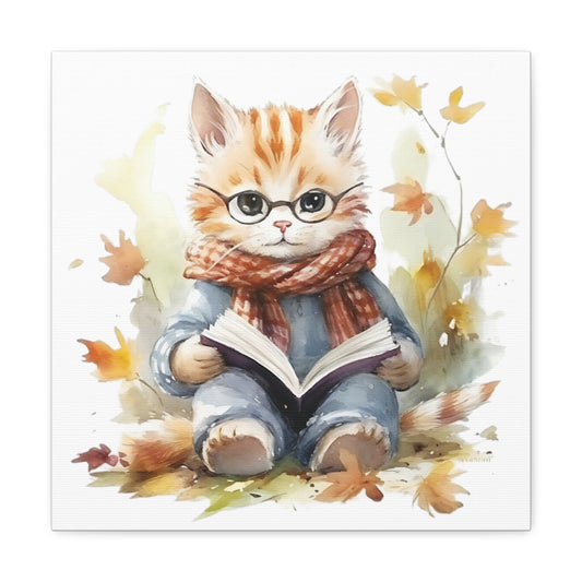 Cat Reading Book Watercolor Canvas - Baby Cat Canvas Decor