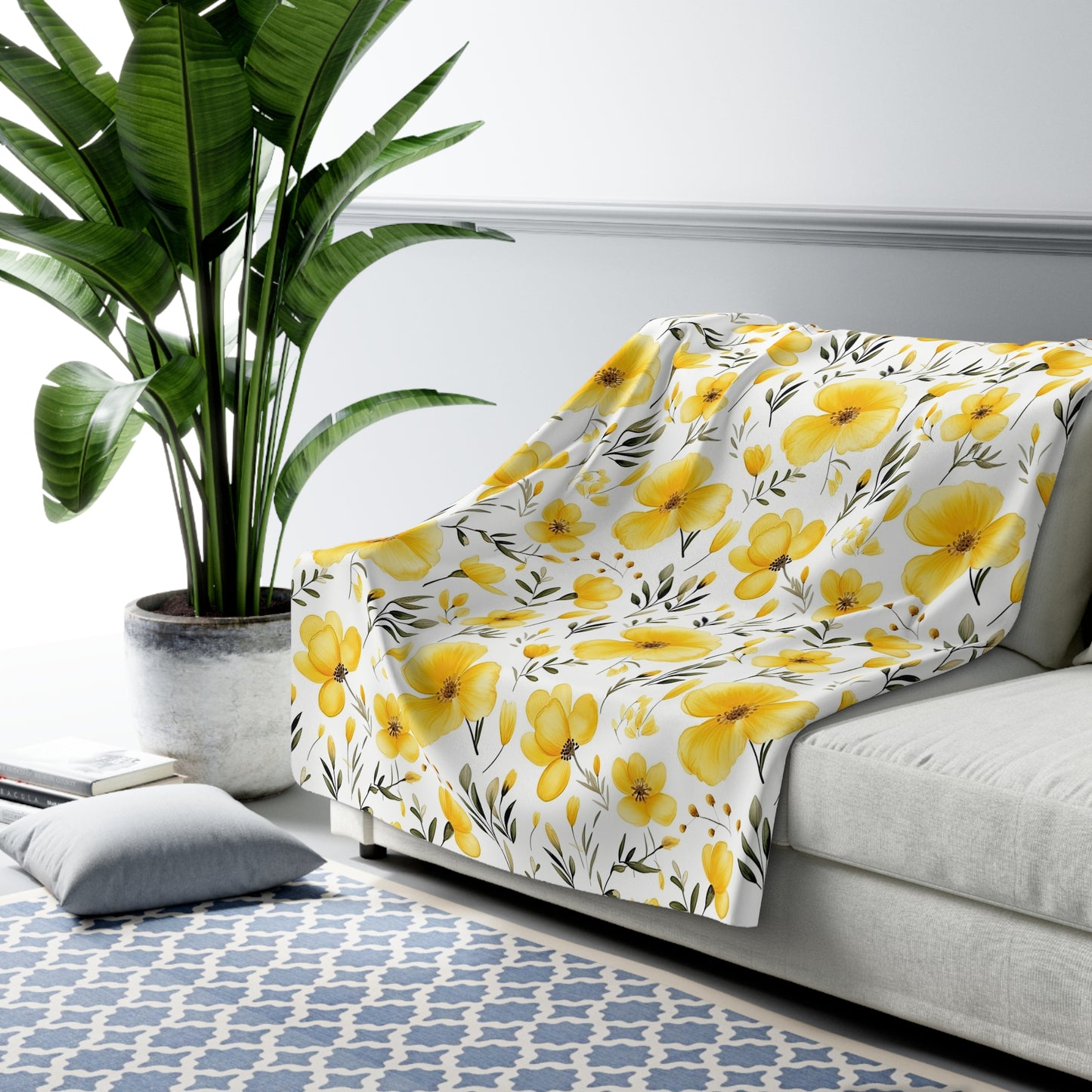 Yellow Floral Watercolor Sherpa Fleece Blanket - Watercolor Floral Blanket