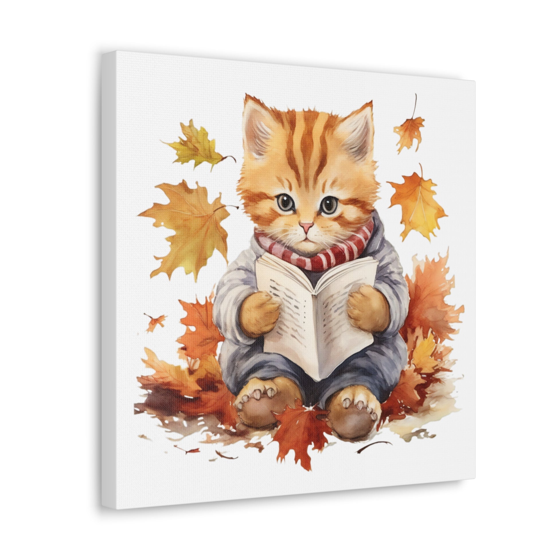 Cat Reading Book Watercolor Canvas - Baby Cat Wall Hanging