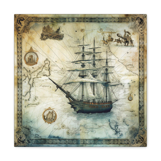 Vintage Vessel Map Canvas Artwork - Maritime Map Canvas Decor