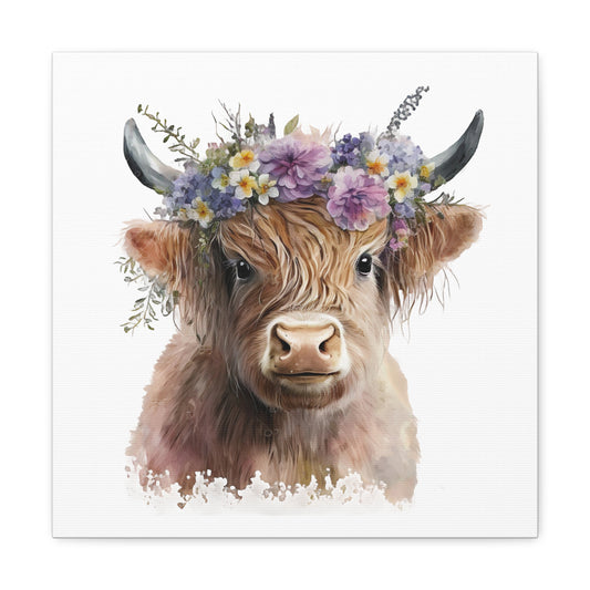 Daisy Duke Highland Cow Canvas - Floral Cow Wall Art Canvas