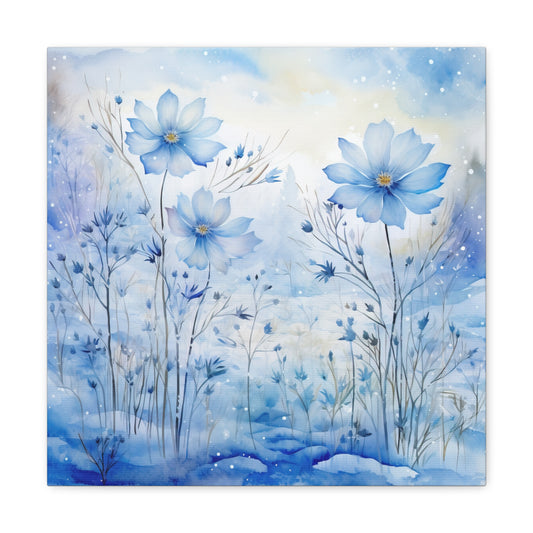 Winter Flowers in Snow Canvas - Snowy Blue Floral Canvas