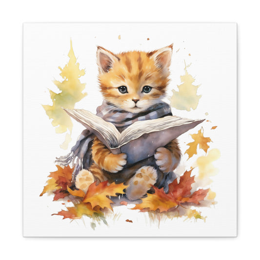 Cat Reading Book Watercolor Canvas - Baby Cat Wall Art