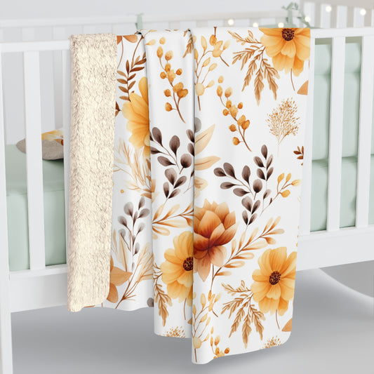 Fall Floral Yellow Sherpa Fleece Blanket - Autumn Yellow Floral Sherpa