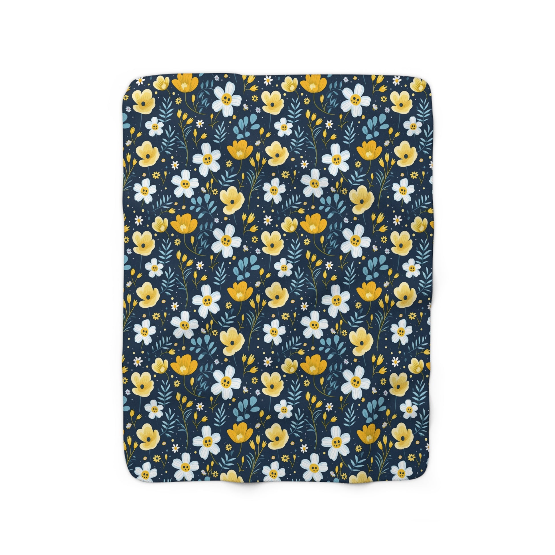 Dark Blue and Yellow Floral Sherpa Blanket - Watercolor Floral Sherpa