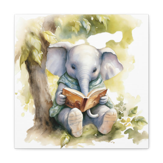 Elephant Reading Book Watercolor Canvas - Baby Elephant Canvas