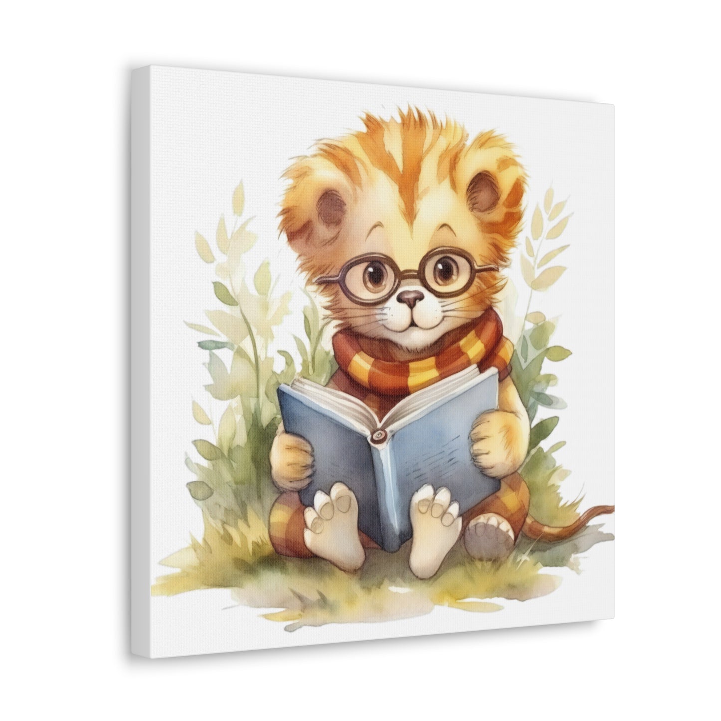 Lion Reading Book Watercolor Canvas - Baby Lion Canvas Decor