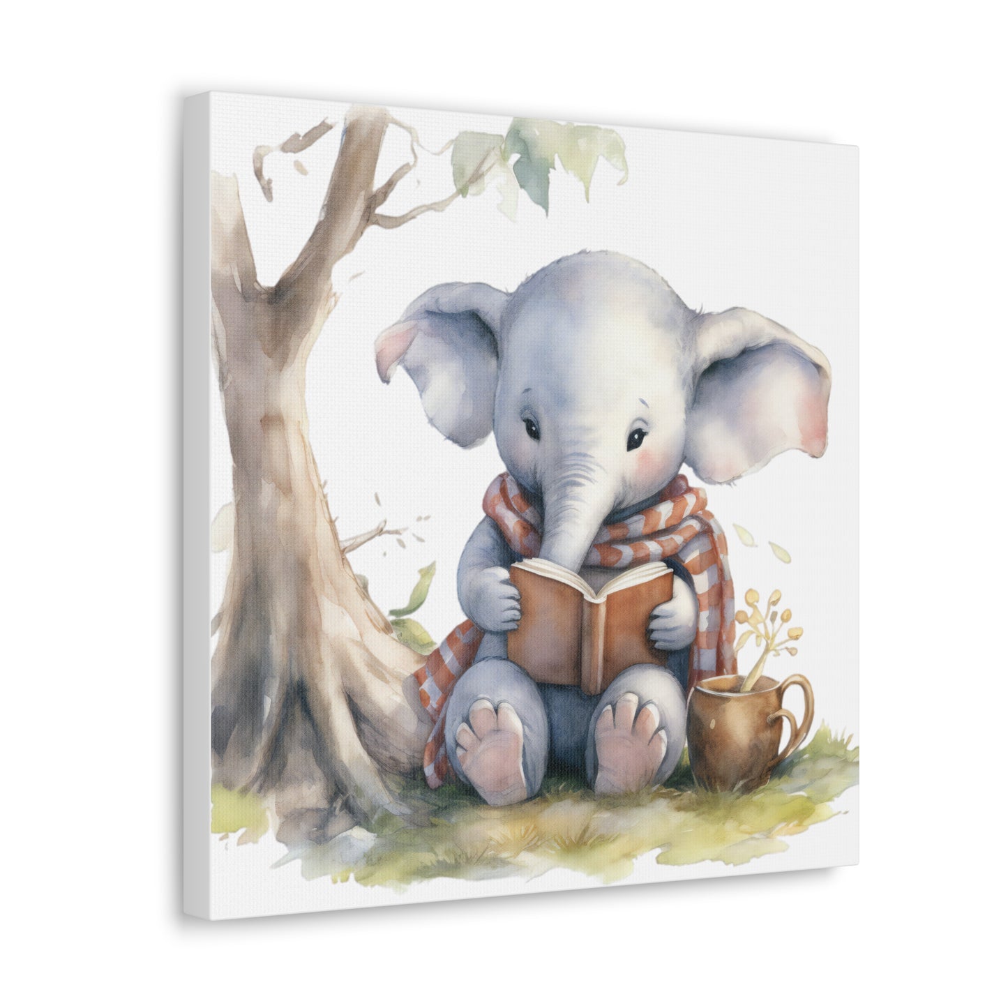 Elephant Reading Book Watercolor Canvas - Baby Elephant Wall Hanging