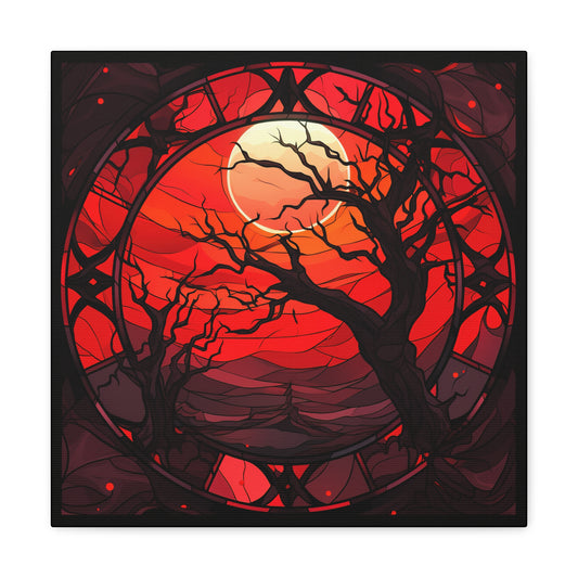 Halloween Stained Glass Canvas - Deep Red Moon Forest Canvas Art
