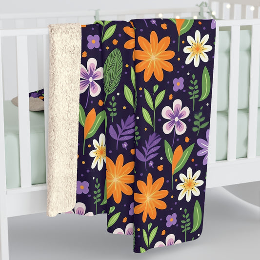 Purple Floral Sherpa Blanket - Orange and Purple Floral Sherpa Blanket