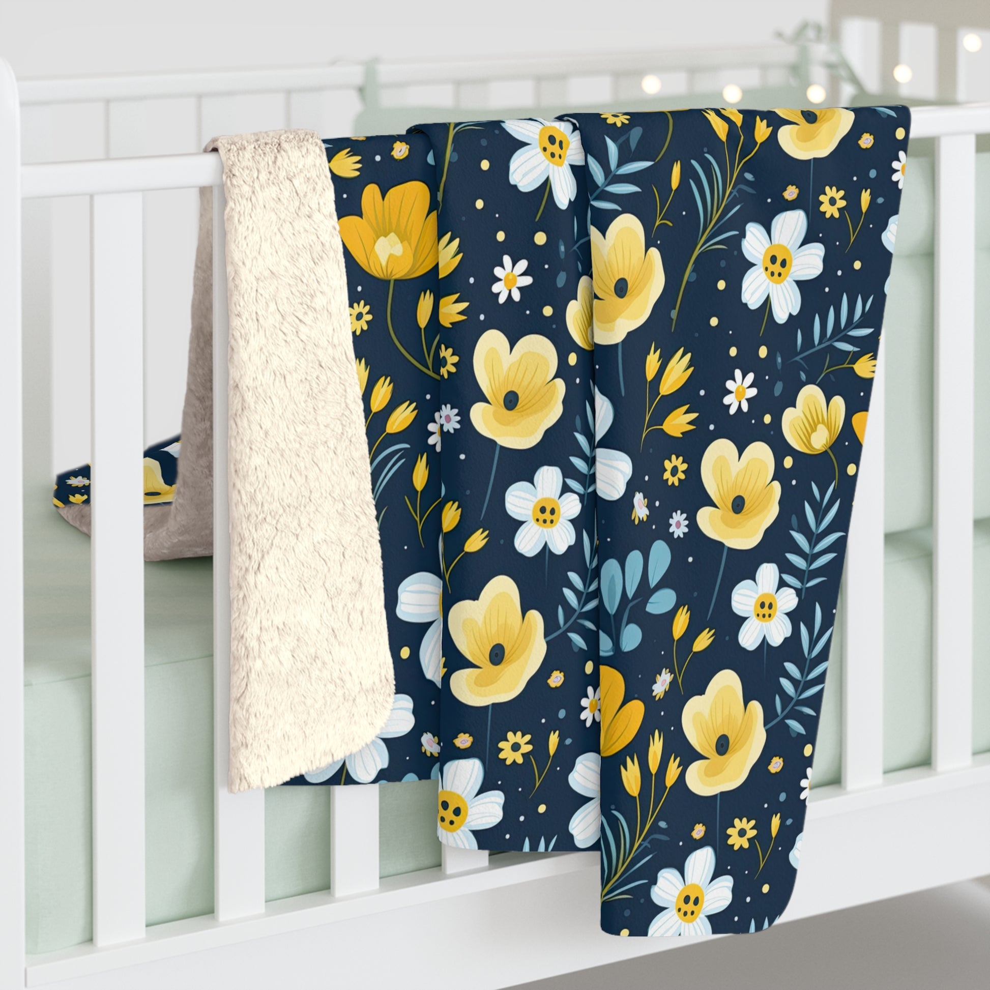 Dark Blue and Yellow Floral Sherpa Blanket - Watercolor Floral Sherpa