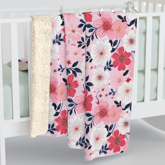 Pink Japanese Floral Sherpa Fleece Blanket - Pink Floral Sherpa Blanket