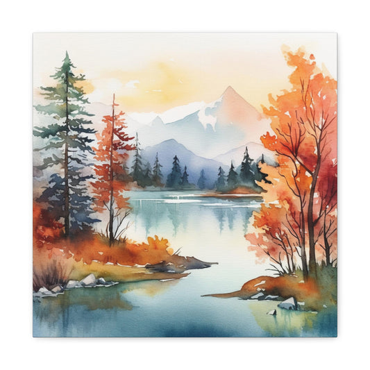 Watercolor Fall Landscape Canvas - Fall River Canvas Art