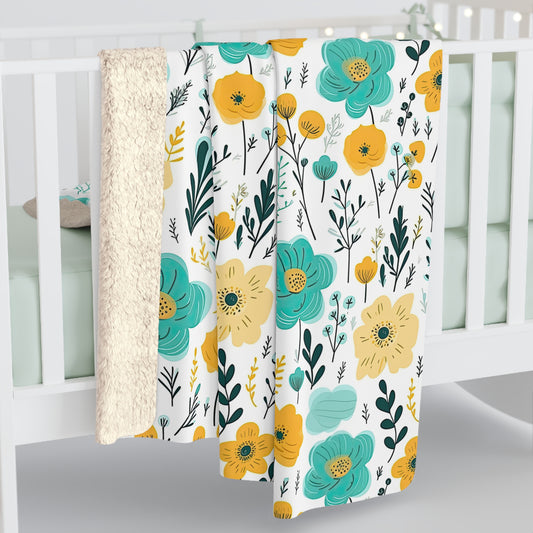 Teal Yellow Floral Sherpa Blanket - Yellow Floral Sherpa Blanket