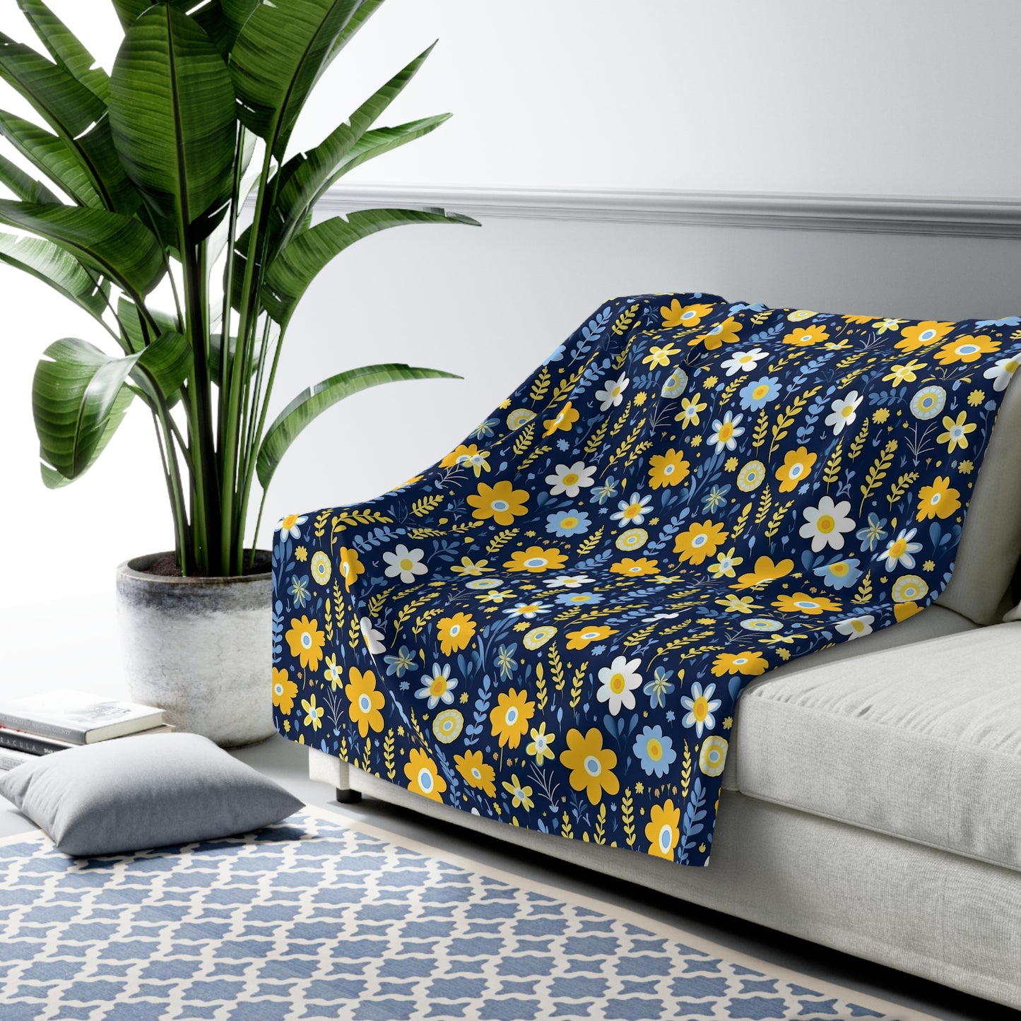 Watercolor Floral Sherpa Blanket - Blue and Yellow Floral Sherpa Blanket
