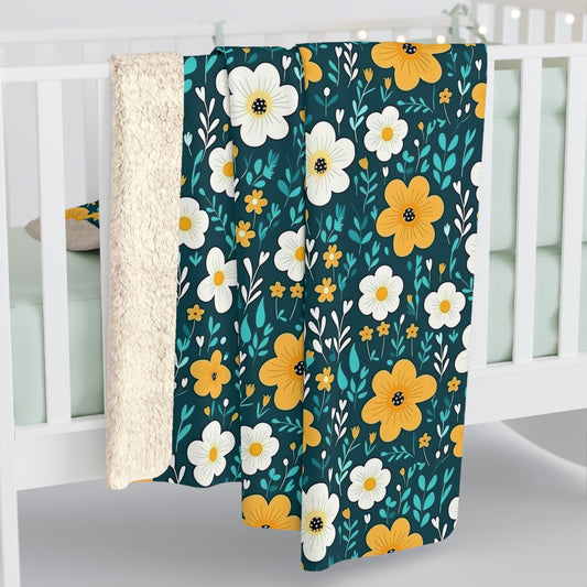 White and Yellow Floral Sherpa Blanket - Teal and Yellow Floral Sherpa