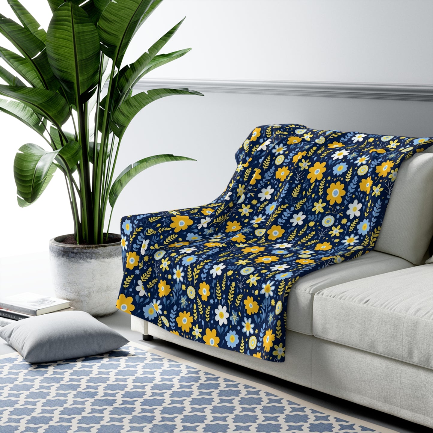 Watercolor Floral Sherpa Blanket - Blue and Yellow Floral Sherpa Blanket