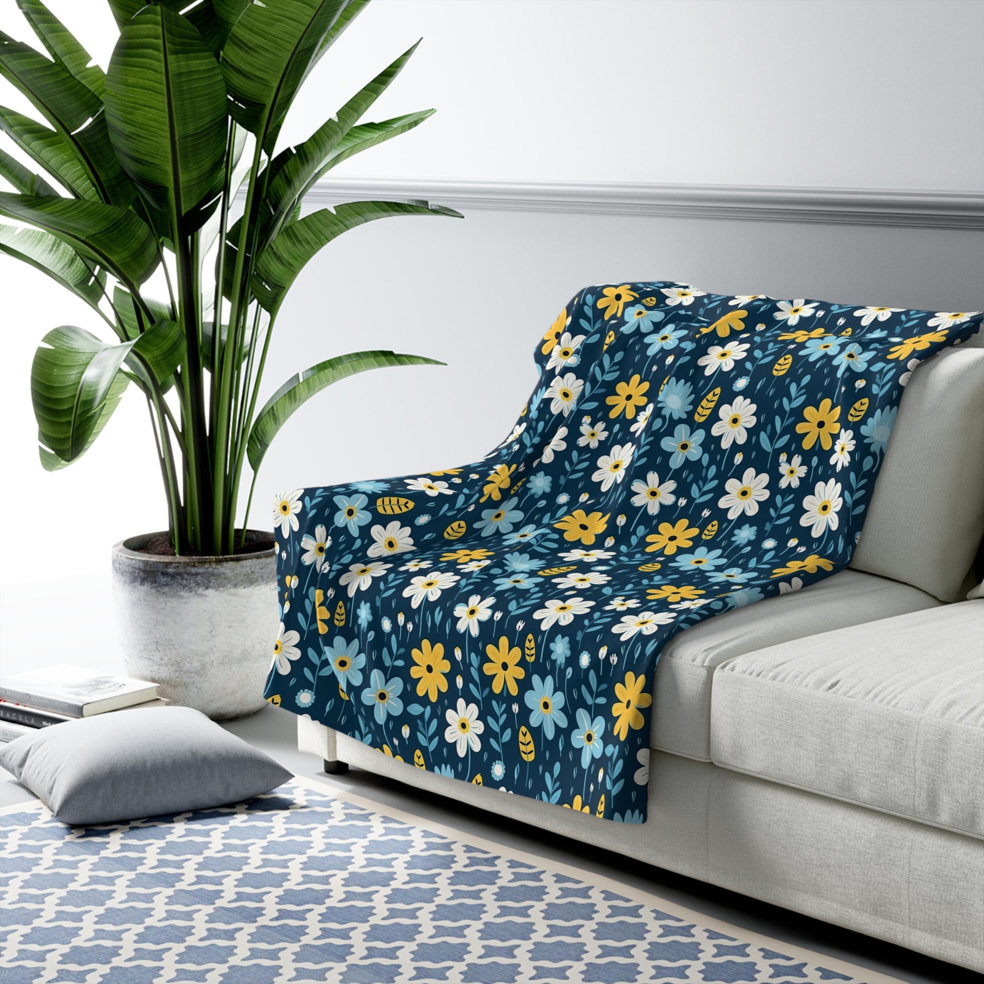 Watercolor Blue Floral Sherpa Blanket - Yellow Floral Sherpa Blanket