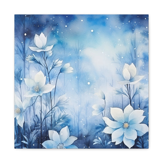 Snow-kissed Blue Floral Canvas - Winter Blue Flowers Canvas Art