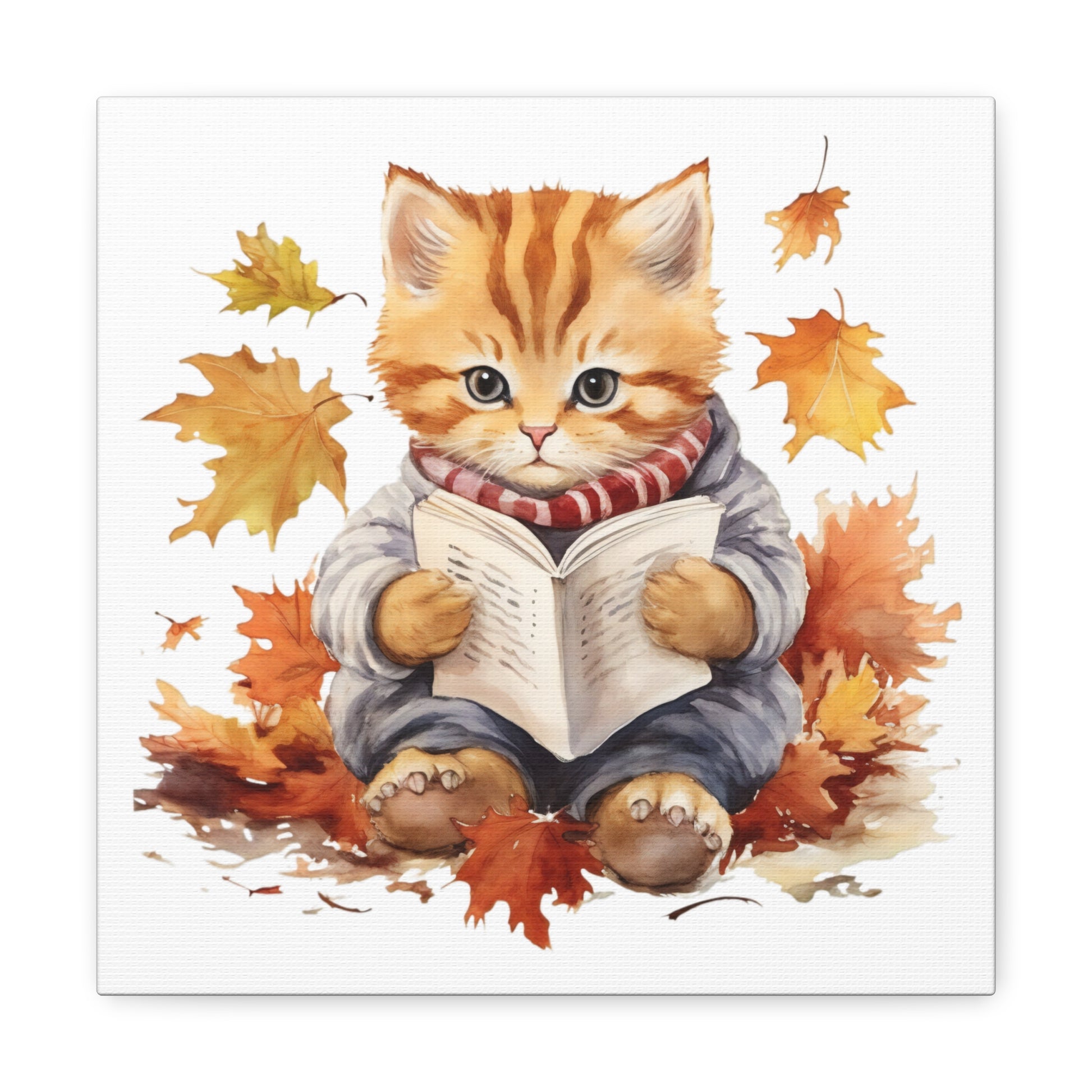Cat Reading Book Watercolor Canvas - Baby Cat Wall Hanging