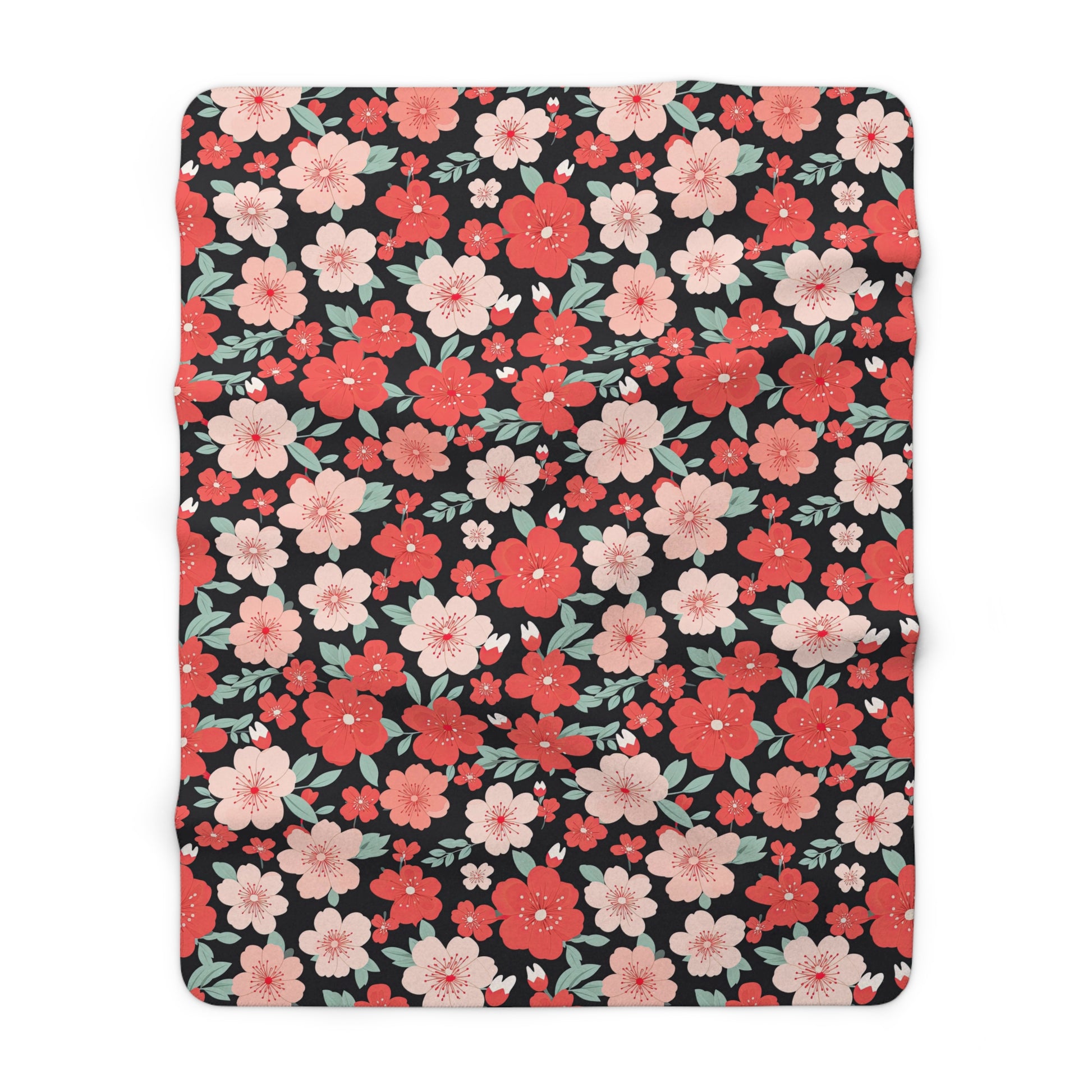 Pink and Red Japanese Floral Sherpa Blanket - Red Floral Sherpa Blanket
