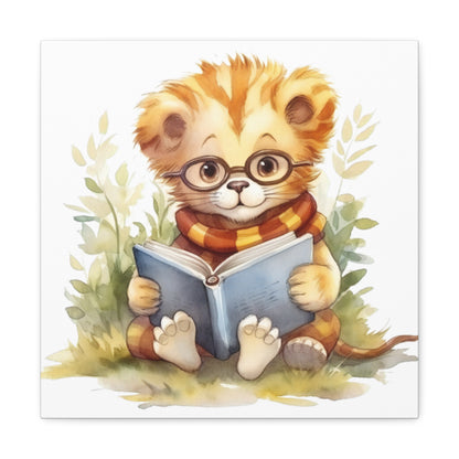 Lion Reading Book Watercolor Canvas - Baby Lion Canvas Decor