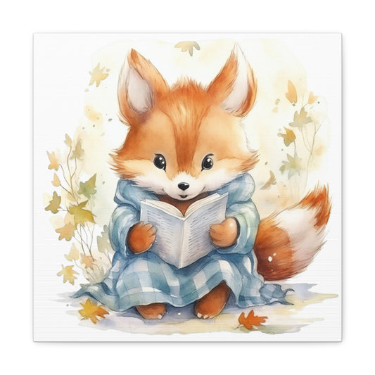 Fox Reading Book Watercolor Canvas - Baby Fox Wall Hanging