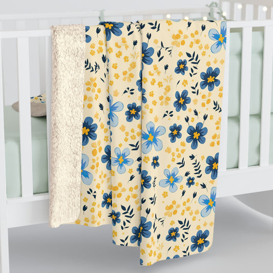 Yellow Watercolor Floral Sherpa Blanket - Blue Floral Watercolor Blanket