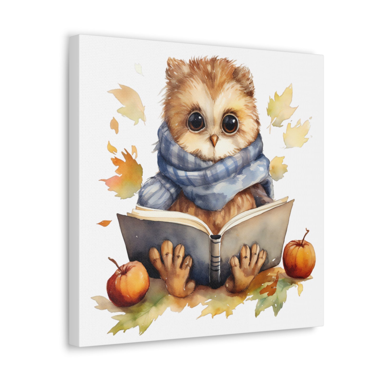 Owl Reading Book Watercolor Canvas - Baby Owl Wall Art