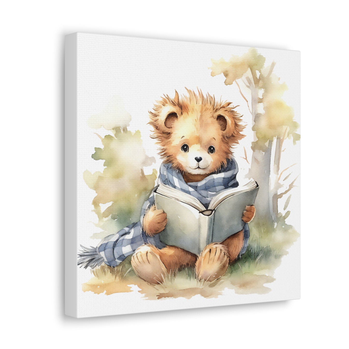 Lion Reading Book Watercolor Canvas - Baby Lion Wall Decor