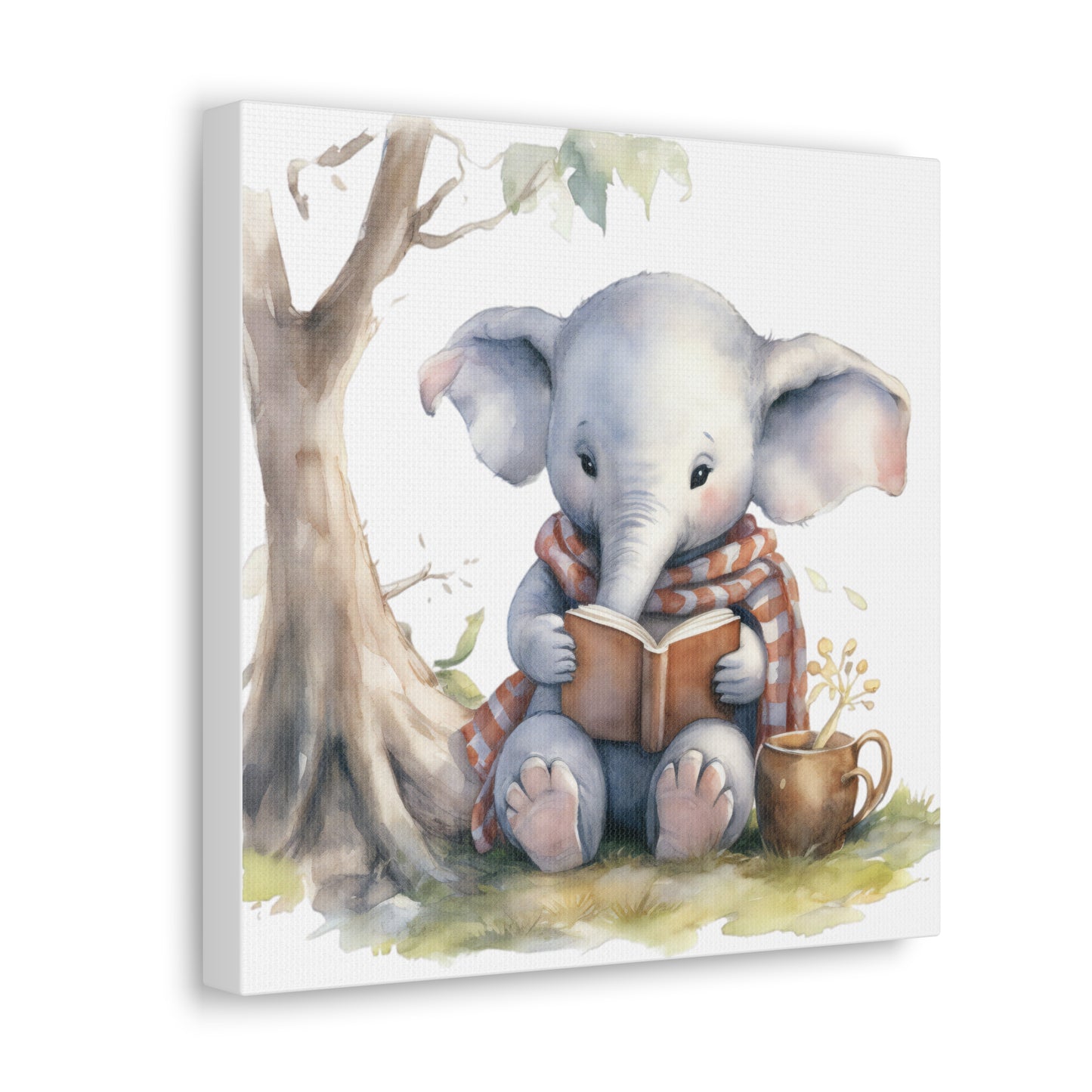 Elephant Reading Book Watercolor Canvas - Baby Elephant Wall Hanging