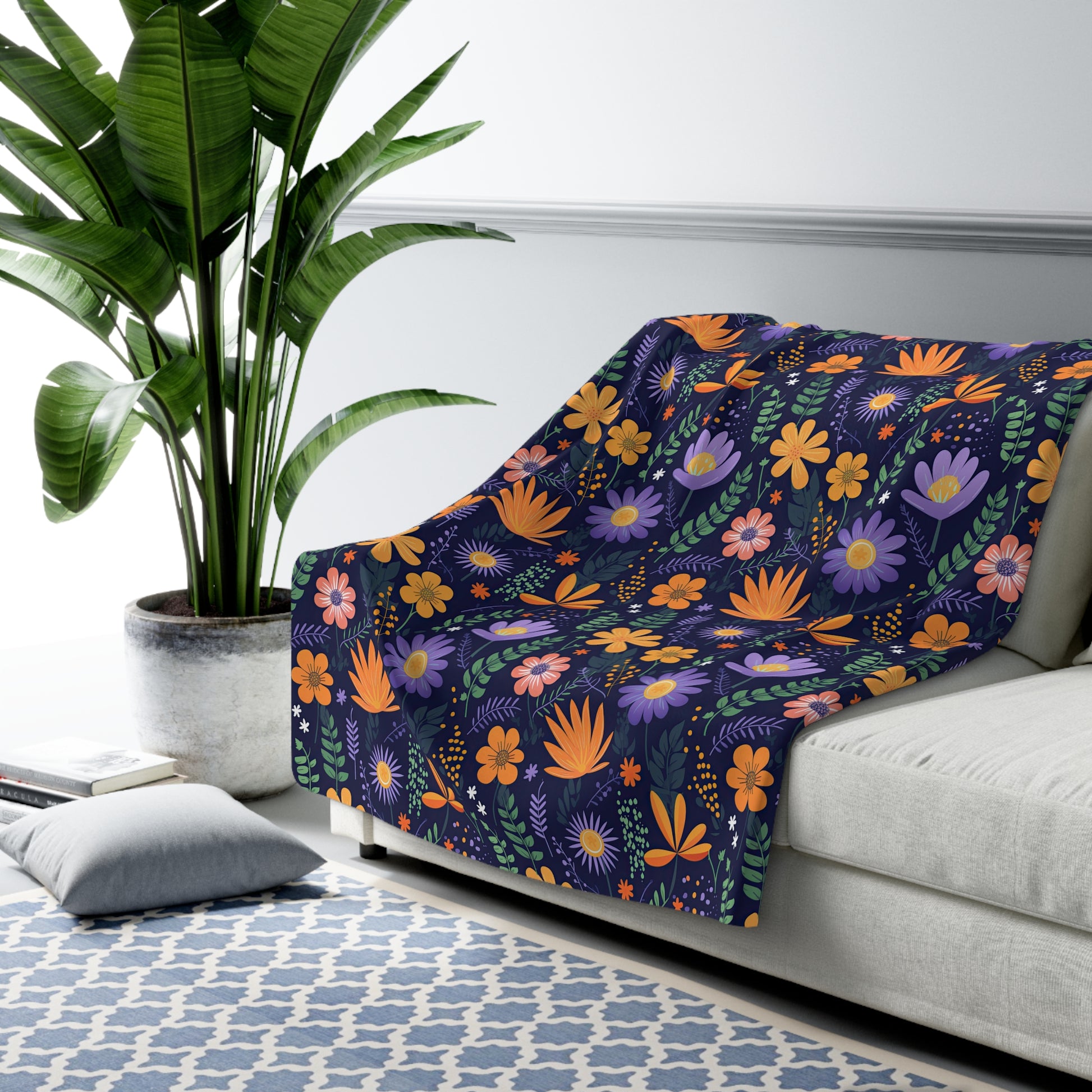 Floral Orange Sherpa Blanket - Floral Purple Sherpa Blanket