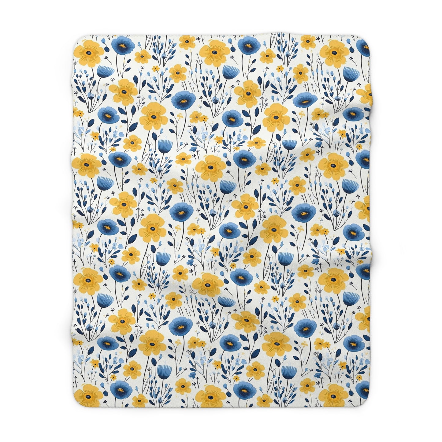Floral Blue and Yellow Sherpa Fleece Blanket - Watercolor Floral Blanket