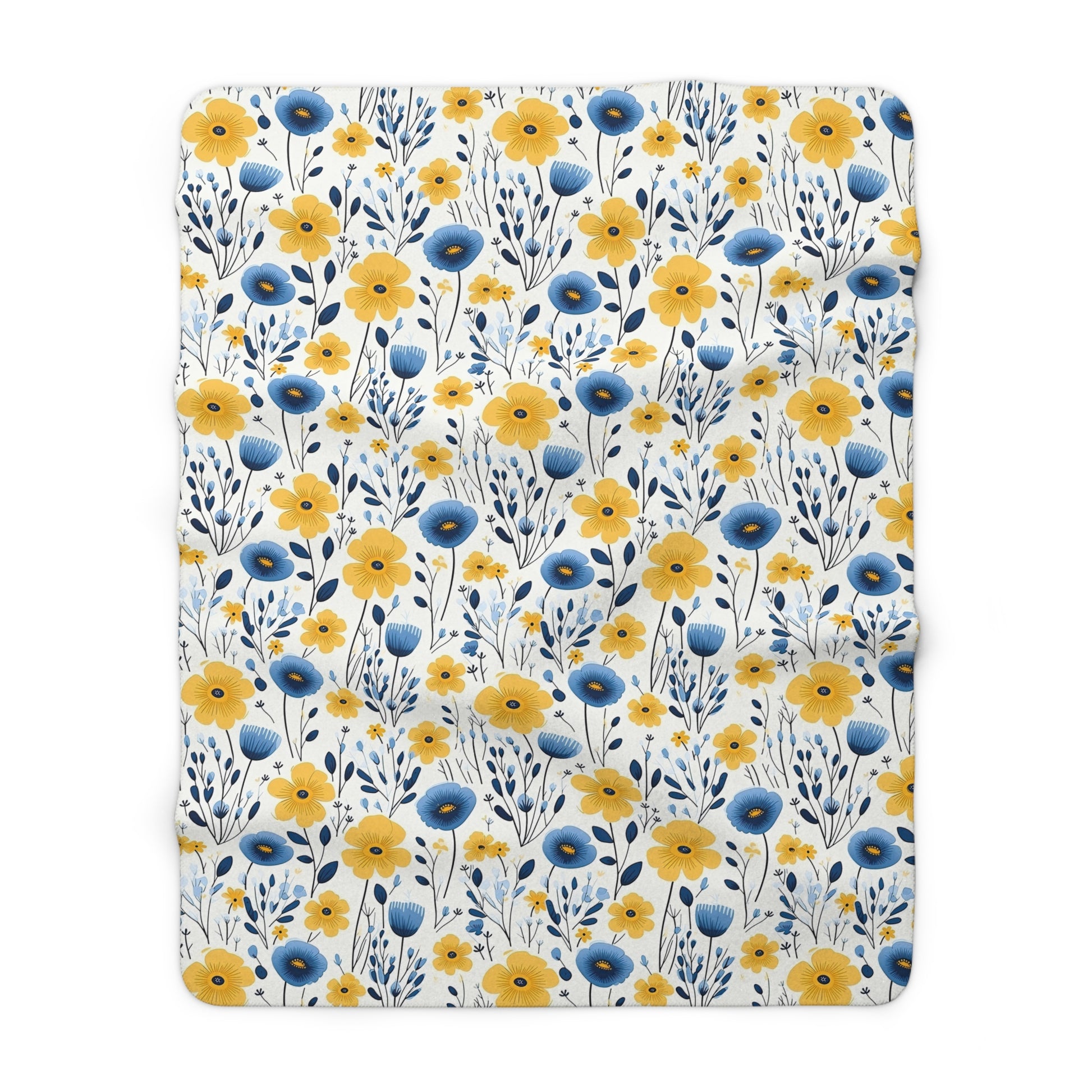 Floral Blue and Yellow Sherpa Fleece Blanket - Watercolor Floral Blanket