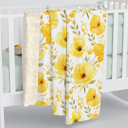 Floral Watercolor Sherpa Fleece Blanket - Yellow Floral Blanket