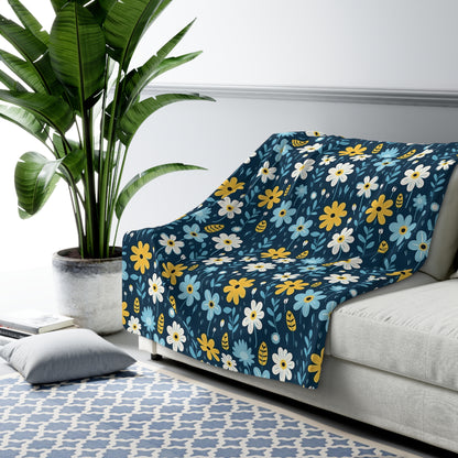Watercolor Blue Floral Sherpa Blanket - Yellow Floral Sherpa Blanket