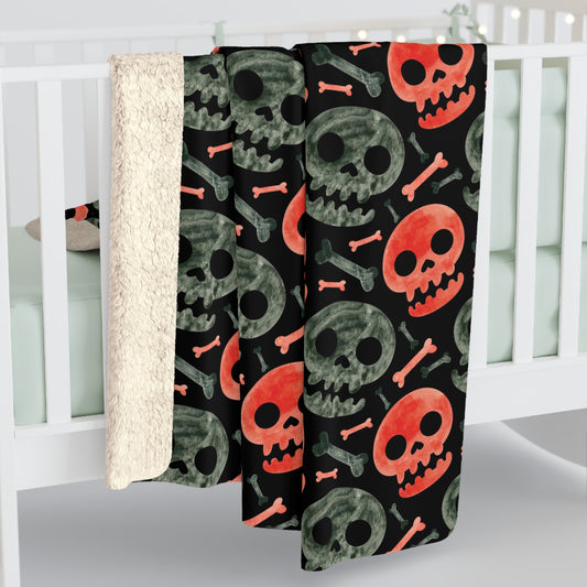 Red Skull and Crossbones Sherpa Blanket - Black Skull Halloween Blanket