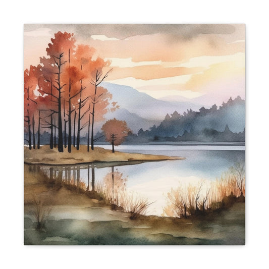 Watercolor Fall Landscape Canvas - Red Autumn River Canvas