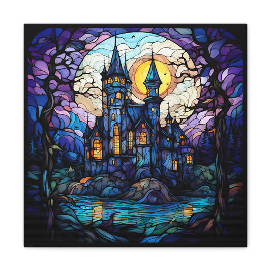 Halloween Stained Glass Canvas - Midnight Haunted Mansion Canvas